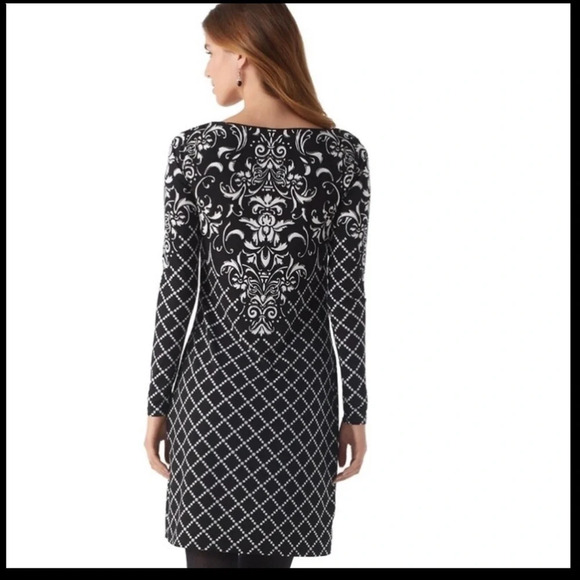 White House Black Market White and Black Scroll Pattern Jersey Dress, Size XS - Picture 3 of 8